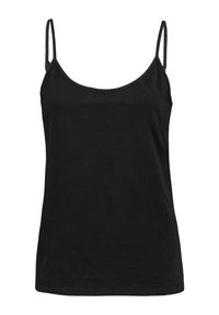 Black tank top made of soft cotton; features thin adjustable straps, a round neckline, and a straight hem. Classic, simple design.