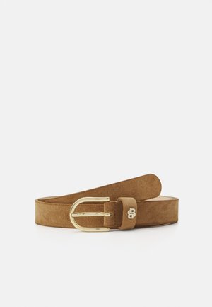 Tan suede belt with a shiny gold buckle. Features a smooth texture, flat design, and subtle branding on the buckle strap.