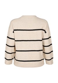 Beige sweater featuring black horizontal stripes, round neckline, and dropped shoulders. Soft knit material with a relaxed fit.