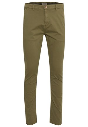 Oliivrohelised chinod, mis on valmistatud puuvillast, on kitsas lõikega, ees on taskud, nuppude sulgemine ja kontrastsed õmblused. Sile tekstuur.