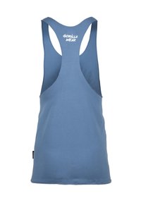 Blauw mouwloos tanktop gemaakt van zacht katoen heeft een racerback ontwerp en een witte "GORILLA WEAR" logo op de bovenrug.