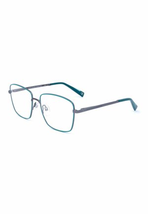 Montatura per occhiali quadrata in metallo sottile con bordi verde acqua e stanghette grigie, dotata di naselli regolabili e etichetta "United Colors of Benetton".