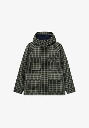 Jachetă cu glugă în carouri verzi și bleumarin, cu patru buzunare frontale cu clapetă și mâneci lungi, așezată plat pe un fundal alb.