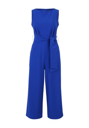 Tuta blu senza maniche in un tessuto leggero e morbido con vita legata, pantaloni a gamba larga e tasche laterali.