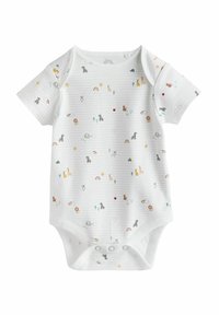 Kortærmet baby bodystocking i hvid med flerfarvede dyre- og naturprint, med trykknapper nederst og strukturerede striber.