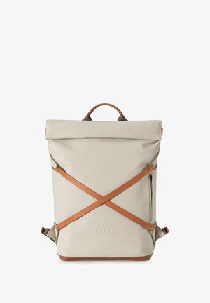 Roll-top backpack in light beige fabric with leather accents. Features adjustable straps, a top handle, and a smooth, durable texture.