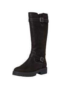 Botte haute en faux cuir marron avec une semelle plate, des accents de boucle et un détail de couture contrastante. Robuste avec une finition texturée.