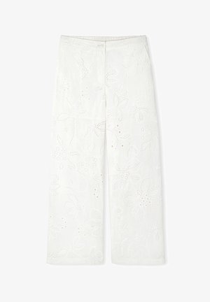 White wide-leg pants made of textured fabric, featuring floral embroidery and cut-out patterns. Elastic waist with button closure.