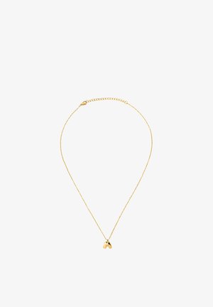 Collana a catena sottile in oro con un piccolo ciondolo a forma di cuore lucido e chiusura a moschettone su sfondo bianco.