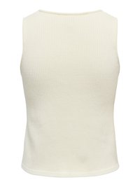 Haut sans manches en maille côtelée couleur crème avec un col rond haut et un ourlet droit.