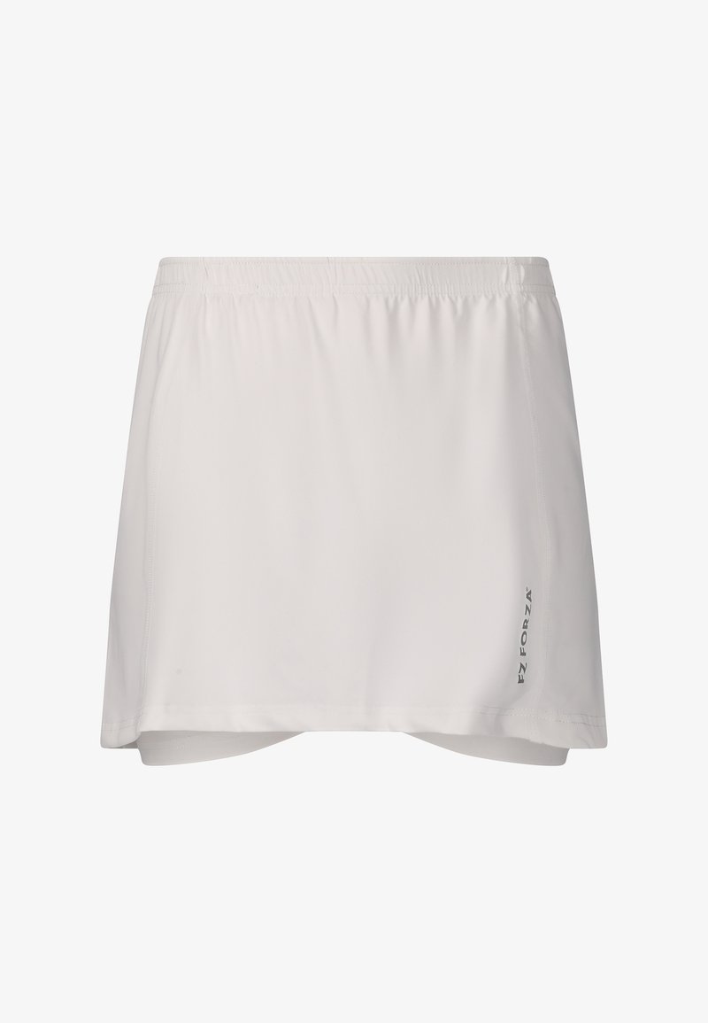 Hvid atletisk nederdel med en let og glat tekstur; har en elastisk talje og skjulte shorts nedenunder for ekstra komfort.