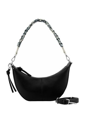 Sac à main noir en forme de croissant avec poignée tressée grise et noire, fermeture éclair, détails pompons et bandoulière amovible et réglable à côté.