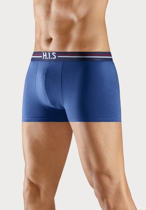 Blue cotton boxer shorts with a fitted design, featuring an elastic waistband with red and white stripes and the letters "H.I.S."