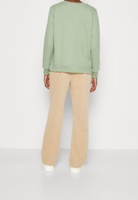 Felpa verde chiaro con collo a giro e polsini a costine, abbinata a pantaloni beige a gamba larga e sneakers bianche. Tessuto dalla consistenza liscia.