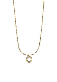 Naszyjnik z łańcuszkiem w kolorze złotym, z okrągłym medalionem o gładkim wykończeniu i akcentami z cyrkonii ułożonymi wokół krawędzi.