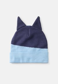 Berretto lavorato a maglia in blu navy scuro e azzurro chiaro, con orecchie da gatto sulla parte superiore. Texture morbida con risvolto, che mette in mostra un design bicolore.