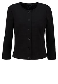 Cardigan noir à manches longues en tissu texturé, avec un col rond et six boutons brillants sur le devant.