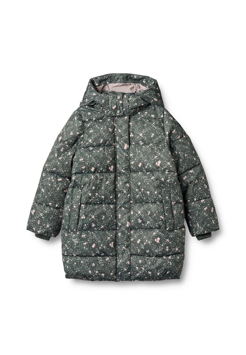 Green quilted puffer coat featuring a floral pattern in pink and white, with a hood, snap closure, and elastic cuffs for warmth.
