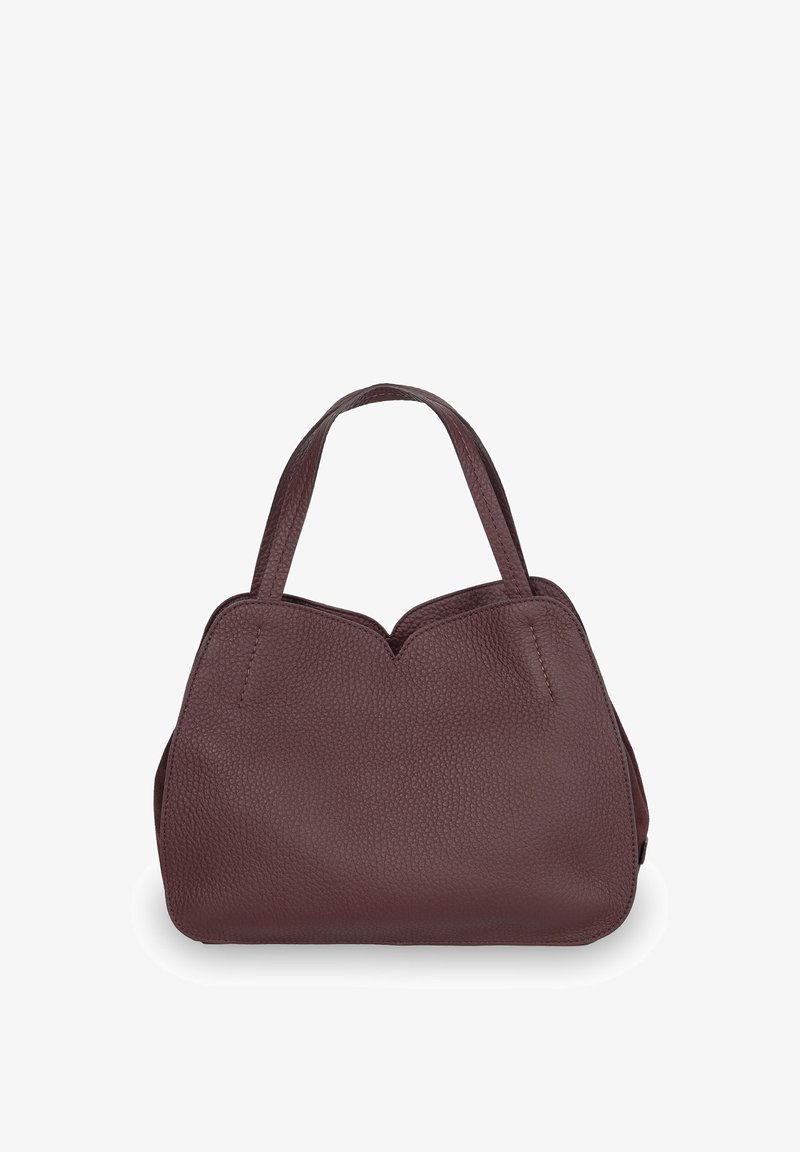 Bordowa skórzana torebka z teksturowaną powierzchnią, krótkimi uchwytami i charakterystycznym falistym brzegiem u góry. Prosty i kompaktowy kształt.