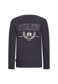 T-shirt a maniche lunghe di colore blu navy in cotone. Presenta la scritta bianca "ATHLETIC" e "RTR" con un logo circolare e un design di alloro sul retro.