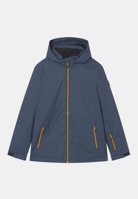 Blaue Jacke mit strukturiertem Stoff, vorderem Reißverschluss in Gelb, zwei Seitentaschen mit Reißverschlüssen und Kapuze. Schwarzes Futter im Kragen.