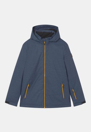 Blue jacket with a textured fabric, front zipper in yellow, two side pockets with zippers, and a hood. Black lining inside the collar.