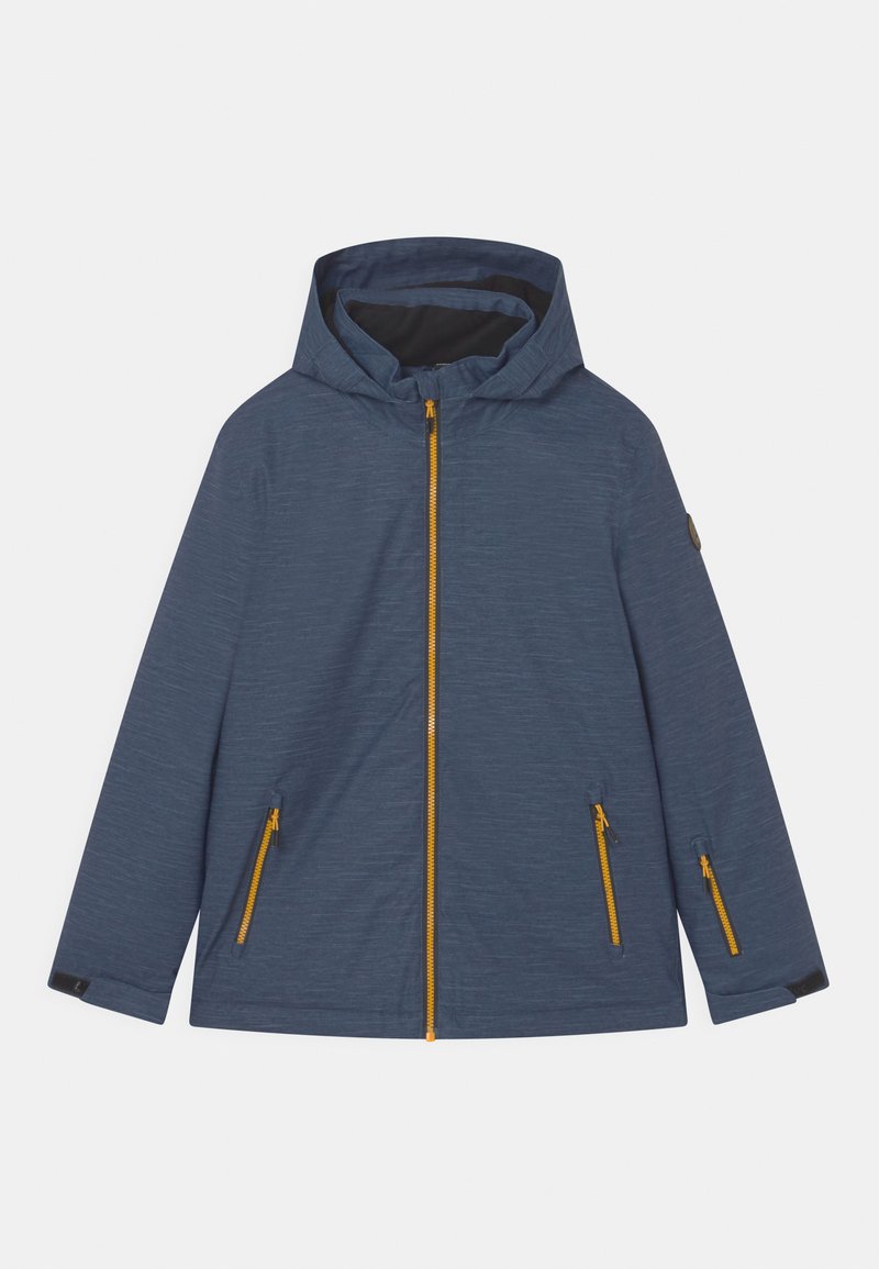 Blaue Jacke mit strukturiertem Stoff, vorderem Reißverschluss in Gelb, zwei Seitentaschen mit Reißverschlüssen und Kapuze. Schwarzes Futter im Kragen.