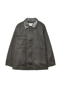 Giacca grigio scuro con un tessuto leggermente testurizzato, caratterizzata da un colletto in pelle nera, due tasche frontali e un design dal taglio ampio.