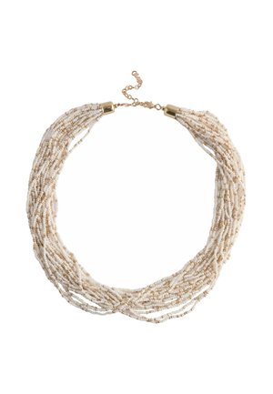 Mehrsträngige Halskette mit kleinen weißen und goldfarbenen Perlen sowie Verschlüssen und verstellbarer Kette in Goldton.