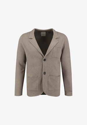 Blazer intrecciato marrone con maniche lunghe, revers a punta, due tasche frontali e chiusura con bottone frontale. Tessuto morbido, materiale leggero.