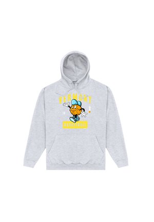 Lichtgrijze hoodie met voorzak, met een cartoon van een basketbal die een blauwe pet en sneakers draagt, met gele tekst "VERMONT BASKETBALL".