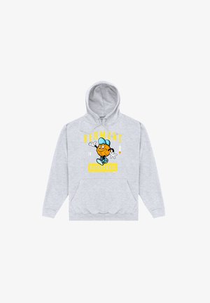 Lichtgrijze hoodie met voorzak, met een cartoon van een basketbal die een blauwe pet en sneakers draagt, met gele tekst "VERMONT BASKETBALL".