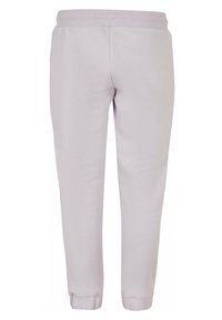 Ljuslila sweatpants som är gjorda av mjukt tyg, med resårmidja och smalnade manschetter vid anklarna. Bakvy visas.