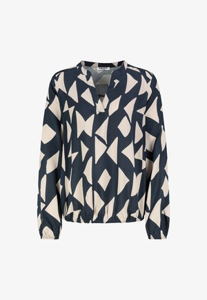 Marineblaue Bluse mit abstraktem cremefarbenem Muster, V-Ausschnitt, langen Ärmeln und elastischem Saum. Glatte Stofftextur.