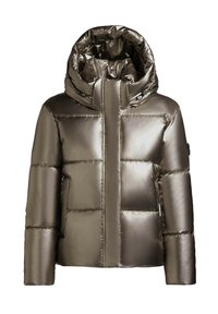 Glinsende metallisk grå pufferjakke med stor polstret hætte, frontlynlås dækket af klap, lange ærmer og sidelommer.