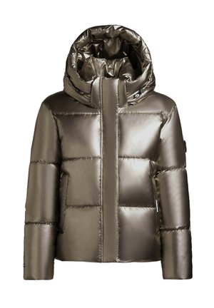 Spīdīga metāliski pelēka pūšamo jakas ar lielu polsterētu kapuci, priekšējais rāvējslēdzējs pārklāts ar atloku, garas piedurknes un sānu kabatas.