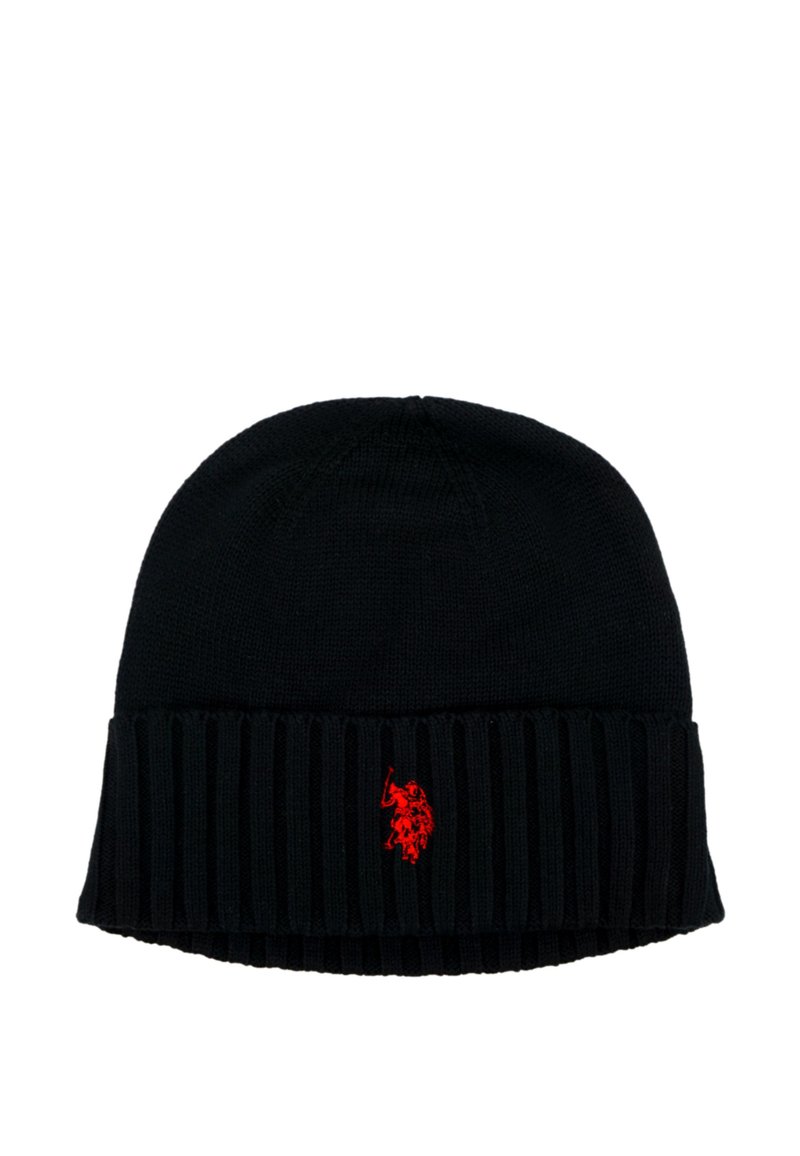 Beanie negru cu o textură ribotată și un vârf solid. Prezintă un mic logo brodat roșu pe partea din față. Fabricat dintr-un material tricotat moale.
