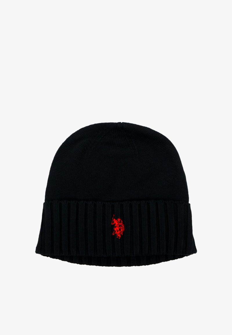 Black beanie with a ribbed texture and a solid top. Features a small red embroidered logo on the front. Made from soft knit material.