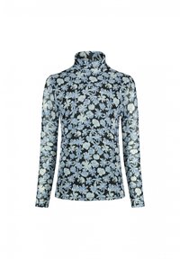 Zwarte lange mouwen turtleneck met een bloemenpatroon in lichtblauw en wit. Gemaakt van doorschijnende stof met een aansluitend ontwerp.