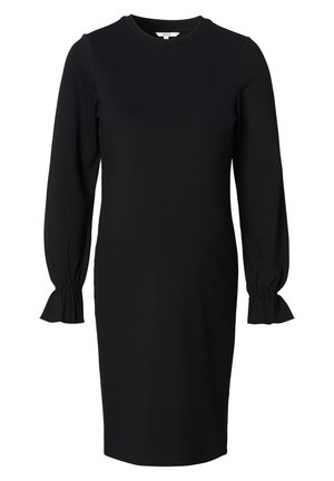 Black long-sleeve midi dress with crew neckline and gathered elastic cuffs creating slight flared sleeves.
