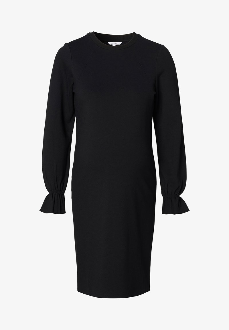 Robe midi noire à manches longues avec encolure ronde et poignets élastiques froncés créant des manches légèrement évasées.
