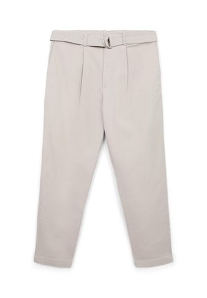 Pantaloni beige chiaro con cintura abbinata, dal fit rilassato, due pieghe frontali e caviglie affusolate. Realizzati in tessuto liscio.