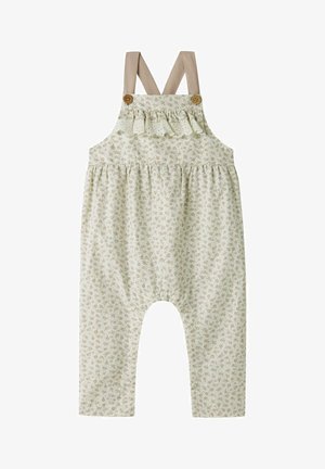 Peto para bebé color beige claro con pequeño estampado floral, detalle de volantes en el pecho y tirantes ajustables marrones con botones de madera.