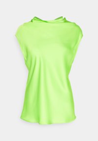 Sleeveless lime green satin blouse with loose cowl neckline and relaxed fit on plain white background.