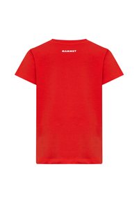 Rode T-shirt met korte mouwen, gemaakt van zachte stof. Heeft een witte "MAMMUT"-logo nabij de hals op de rug. Eenvoudig ontwerp, effen kleur.