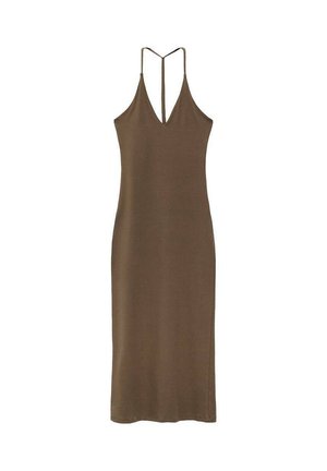 Rjava, brezrokavnik obleka z globokim V-izrezom, tankimi naramnicami, ki se križajo na hrbtu, ter oprijetim, ravnim silhuetom. Narejena iz mehke tkanine.
