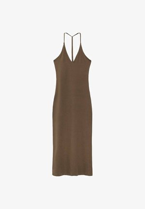 Rochie maro, fără mâneci, cu decolteu adânc în V, bretele subțiri care se încrucișează la spate și o siluetă dreptă, aderentă. Fabricată dintr-un material moale.