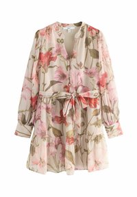 Robe florale à manches longues, avec un décolleté en V, un devant à boutons, une taille ceinturée, un ourlet en couches et un tissu léger et texturé dans des teintes de rose et de vert.