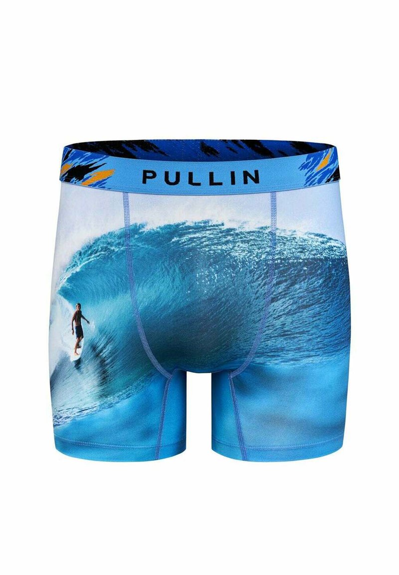 Boxers pour hommes bleus avec un motif de vague et de surfeur. Ceinture élastique avec la marque "PULLIN", fabriqués en matière lisse et extensible.
