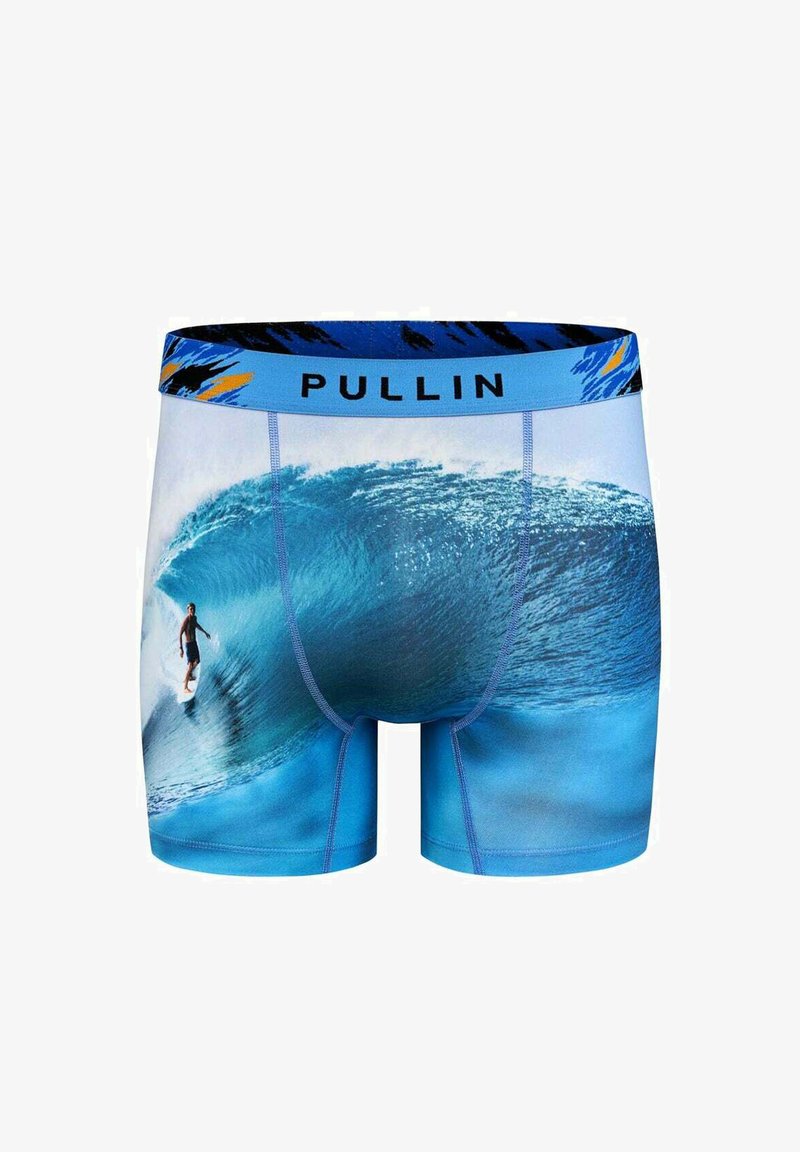 Boxers pour hommes bleus avec un motif de vague et de surfeur. Ceinture élastique avec la marque "PULLIN", fabriqués en matière lisse et extensible.